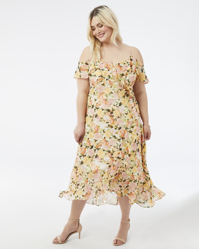 Plus size model with hourglass body shape wearing Madeline Cold-Shoulder Dress by Adorned | Dia&Co | dia_product_style_image_id:157541